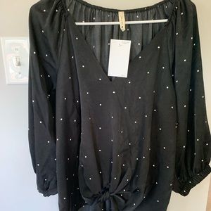 Large Black with White Polka Dot Tie Front Top